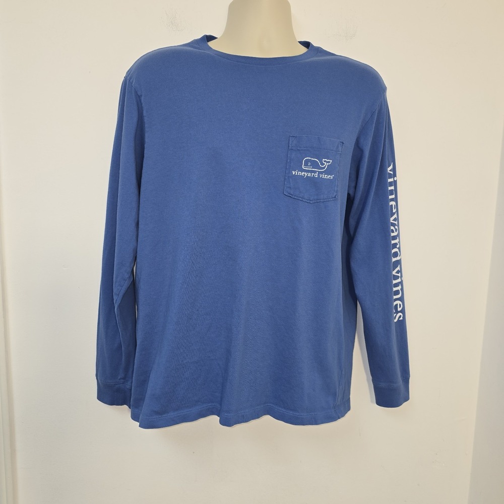 Vineyard Vines Mens Long Sleeve Pocket Tee Shirt Logo Spellout Whale Blue Size M